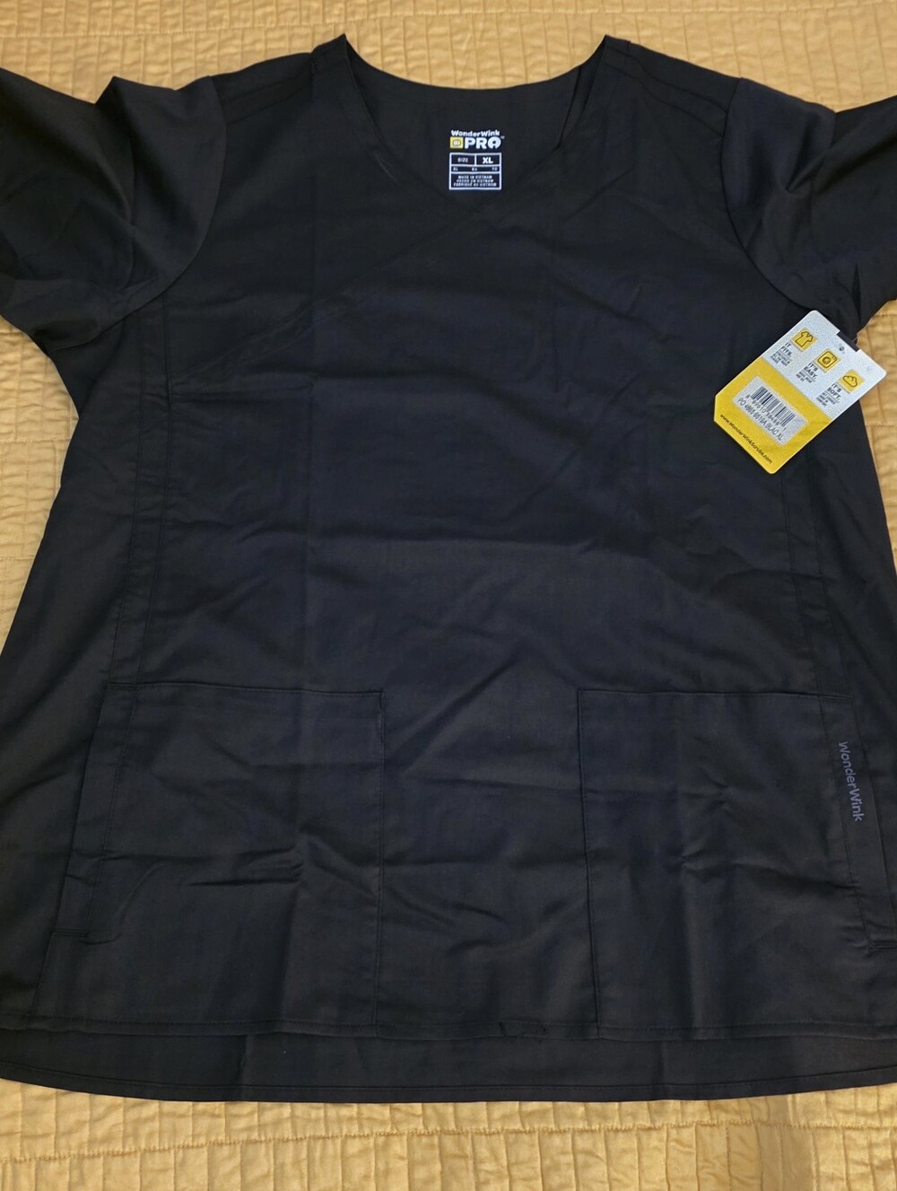 Wonderwink Womens Black V Neck Scrub Top, And 2 Front Pockets Size XL